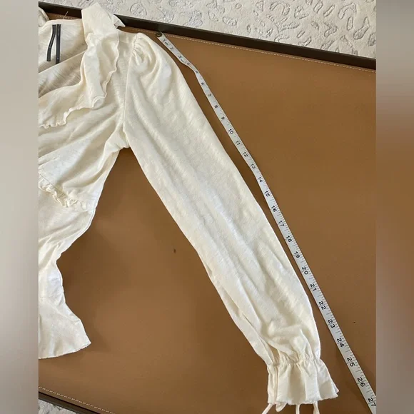 Anthropologie Cream Ruffled V-Neck Long Sleeve Blouse - Picture 7 of 9